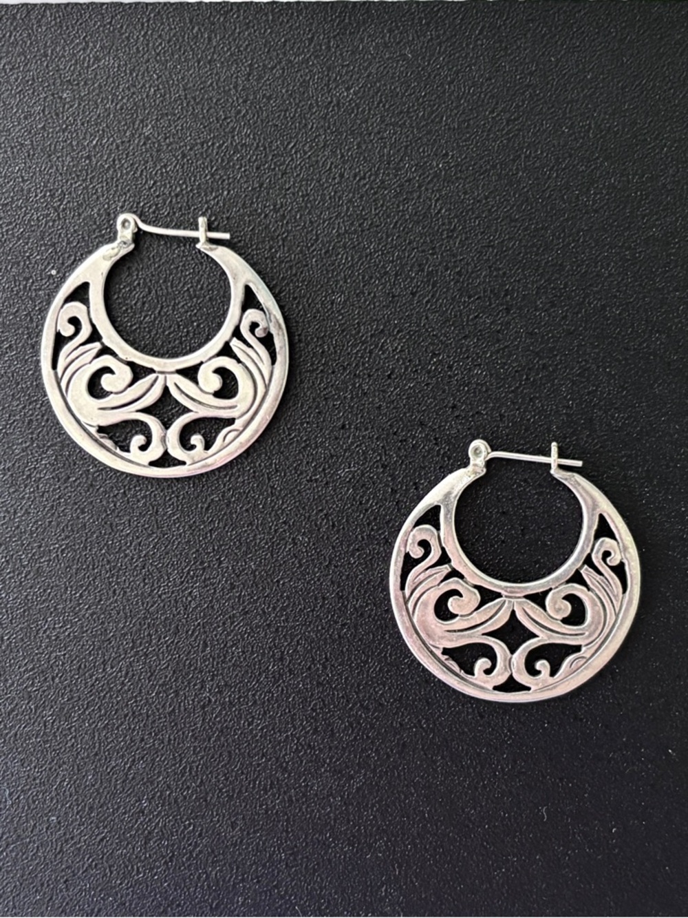 boho chic silver color scrolled oxidized hoop earrings